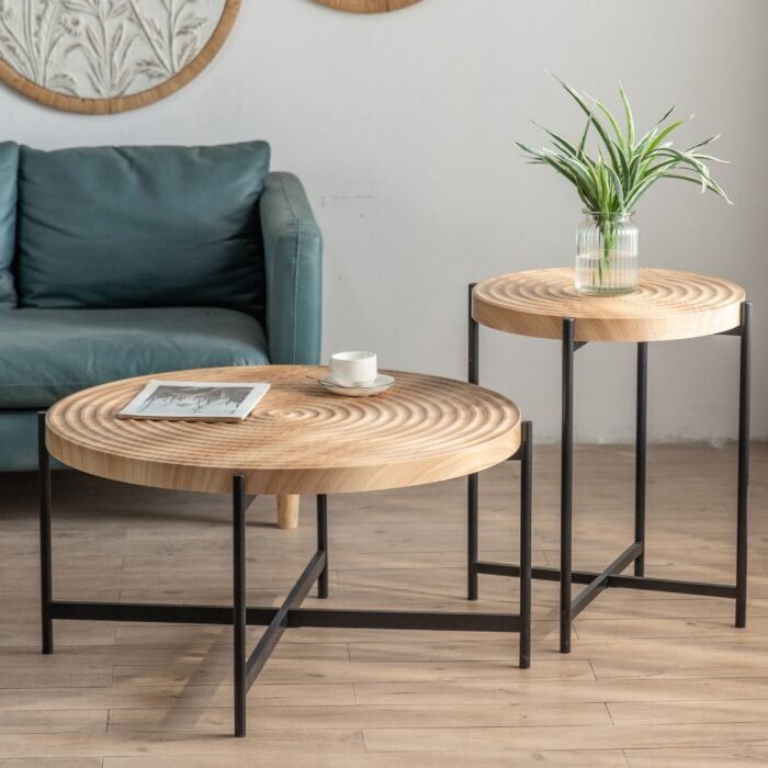 Modern Thread Design Round Coffee Table MDF Table Top with Cross Legs Metal Base - Image 4