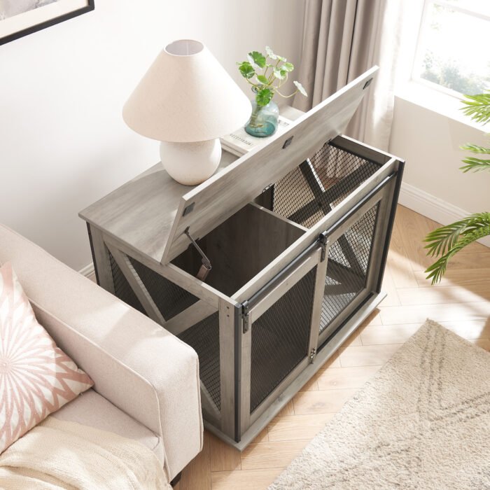 Dog Cage Crate Furniture with Sliding Barn Door Kennel with Flip-top Plate - Image 9