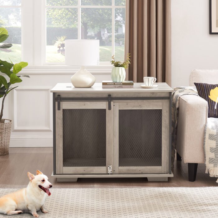 Dog Cage Crate Furniture with Sliding Barn Door Kennel with Flip-top Plate - Image 12