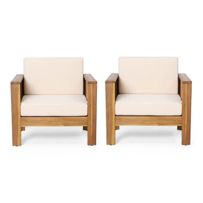 Outdoor Acacia Wood Club Chairs with Cushions, Teak+Beige (Set of 2) - Image 5