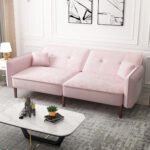 Convertible Sofa Bed with Wood Legs in Velvet (Pink) - Image 2