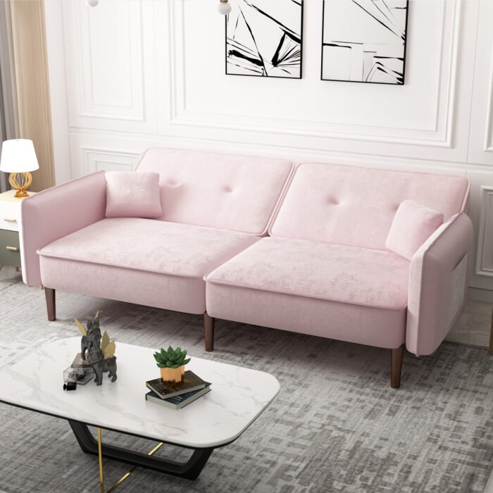 Convertible Sofa Bed with Wood Legs in Velvet (Pink) - Image 2