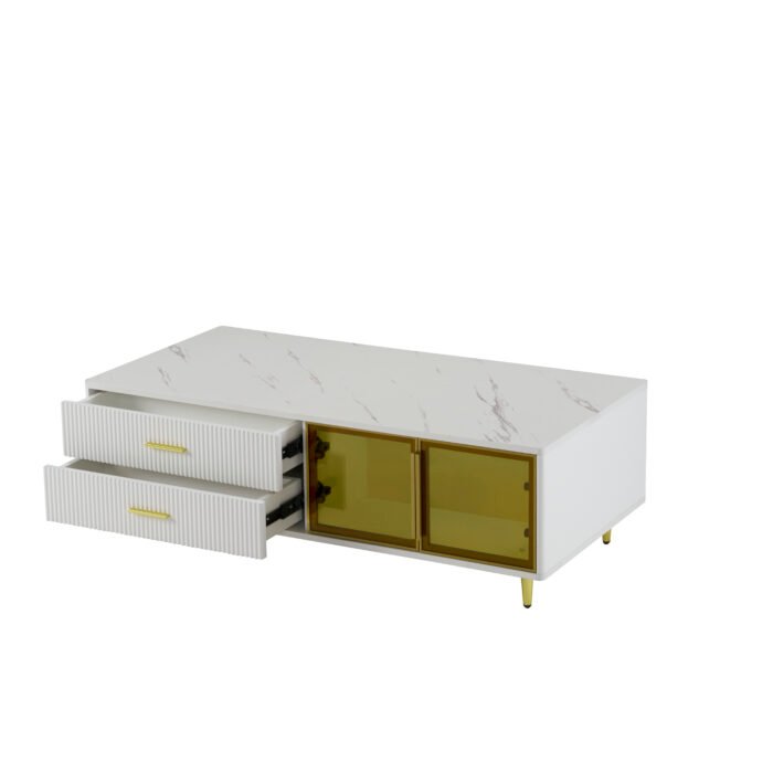White Coffee Table with 2 Glass Door Storage and 4 Drawers and Gold Metal Legs - Image 11