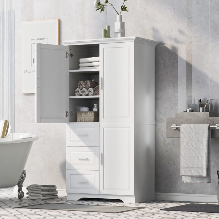 Tall and Wide Storage Cabinet with Doors for Bathroom/Office, Three Drawers, White - Image 4