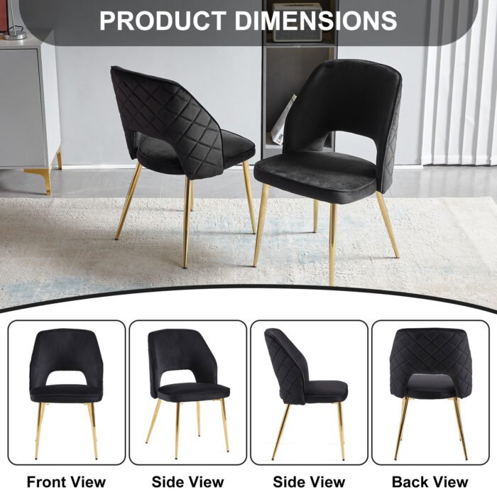 Black Velvet Dining Chairs Set with Metal Legs and Hollow Back Upholstered (Set of 4) - Image 3
