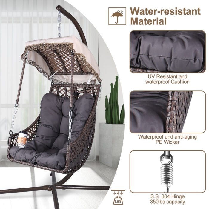 Swing Egg Wicker Rattan Frame Chair with Stand Indoor or Outdoor (350lbs Capacity) - Image 6