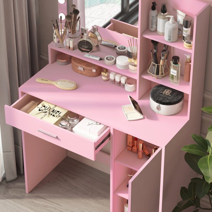 Makeup Vanity Desk with Mirror and Light, Pink - Image 4