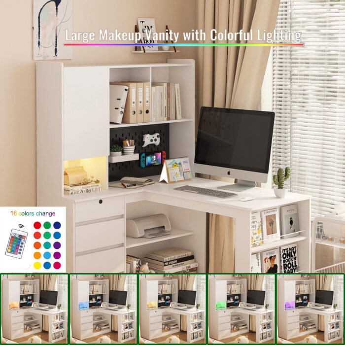 L-shaped corner office desk with charger with bookshelf and drawers and LED lights - Image 5