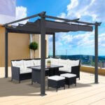 10x10 Ft Outdoor Patio Retractable Pergola With Canopy, Gray