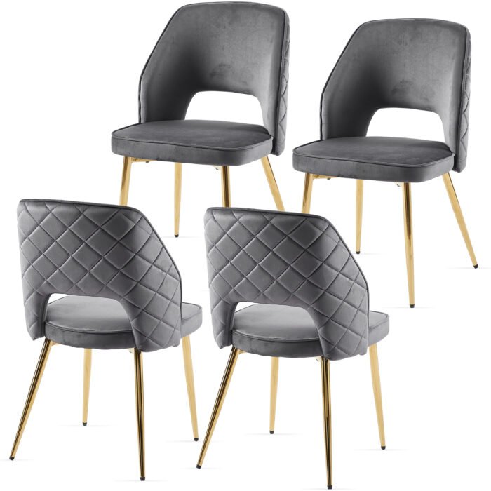 Gray Velvet Dining Chairs with Metal Legs and Hollow Back Upholstered (Set of 4) - Image 5