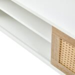 Rattan TV cabinet with double sliding doors and adjustable shelfs and solid wooden legs, White - Image 15