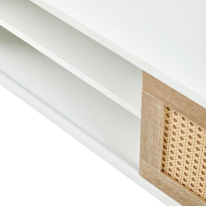 Rattan TV cabinet with double sliding doors and adjustable shelfs and solid wooden legs, White - Image 15