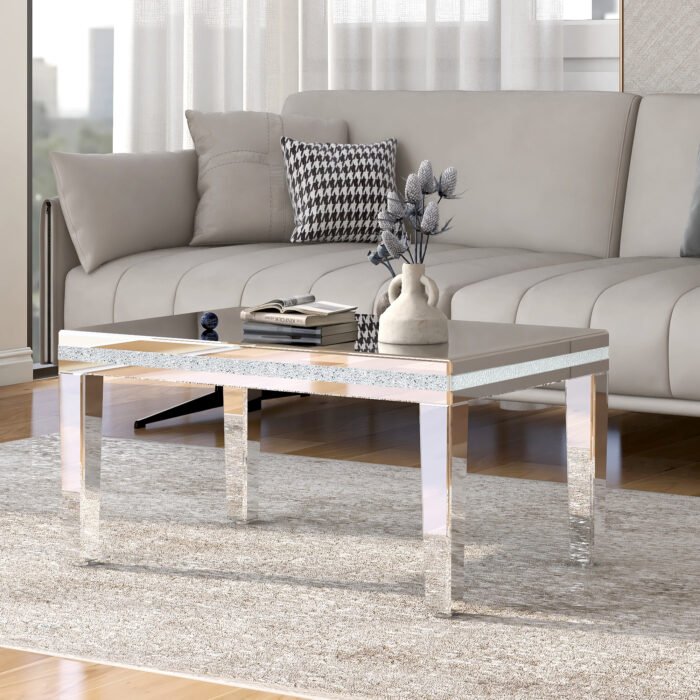 ONTREND Stylish modern glass mirrored coffee table with adjustable height silver legs - Image 4