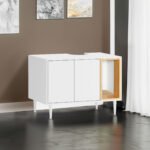 Bathroom sink cabinet with cat trash can shell and hidden garbage pet bathroom