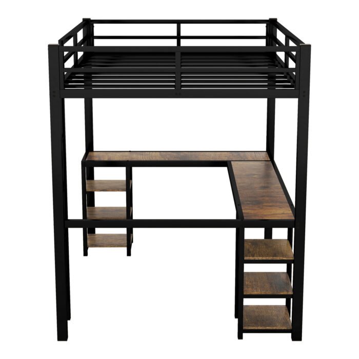 Full Size Metal Loft Bed with Desk, Shelves, Ladder and Guardrails, Black - Image 9