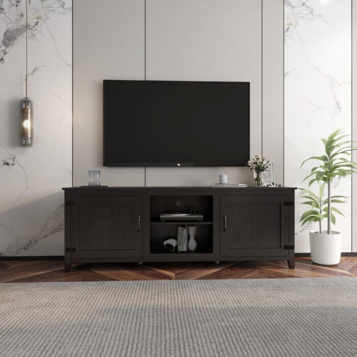 TV Stand Storage Media Console Entertainment Center with doors, Black - Image 2