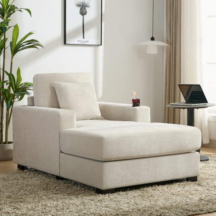 Oversized Modern Chaise Lounger with Pillows Charge Station and Cup Holders - Image 3