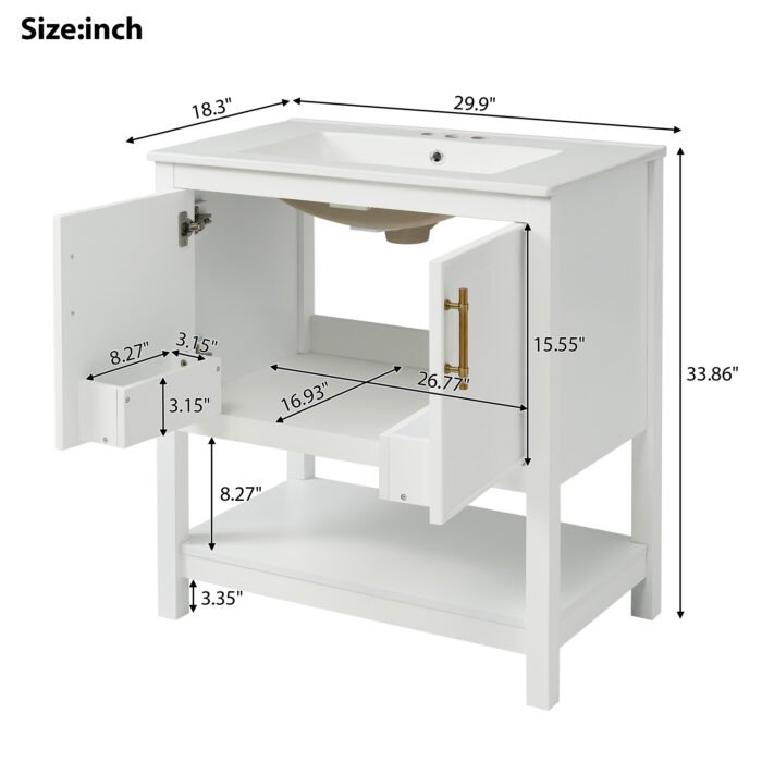 30-Inch White Bathroom Vanity with Ceramic Sink and Versatile Storage - Ideal for Small Bathrooms - Image 8