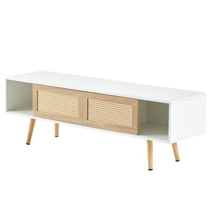 Rattan TV cabinet with double sliding doors and adjustable shelfs and solid wooden legs, White - Image 8