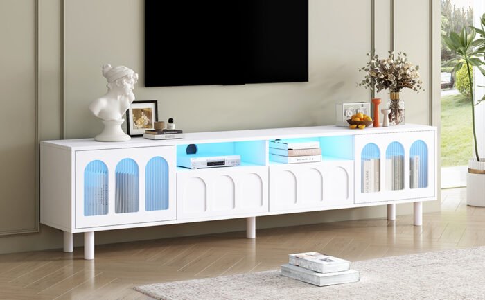 ON-TRANS TV stand with LED light strip and tempered glass door (up 80"), White - Image 3