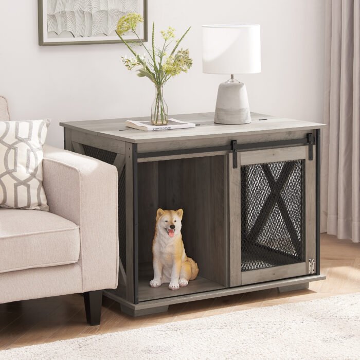 Dog Cage Crate Furniture with Sliding Barn Door Kennel with Flip-top Plate - Image 14