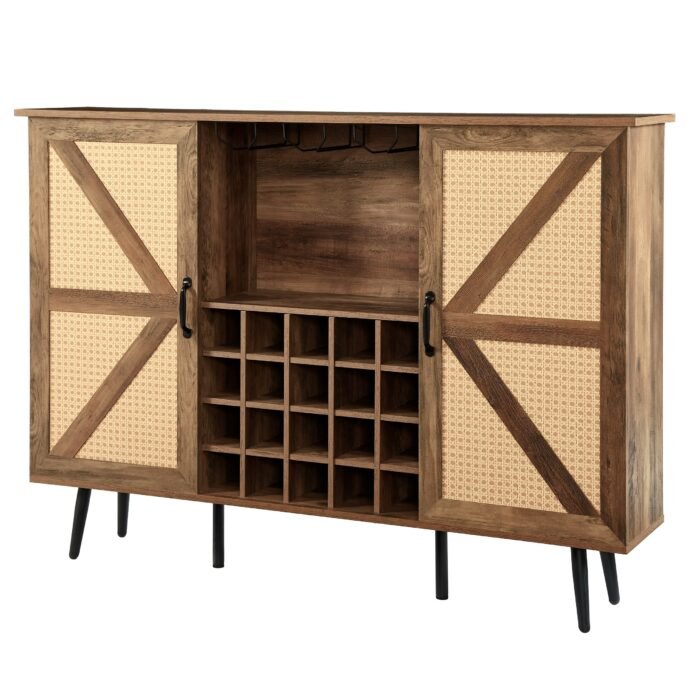 Faux Rattan Barn Door Wine Cabinet with Wine Glass Rack and Double Door Design - Image 8