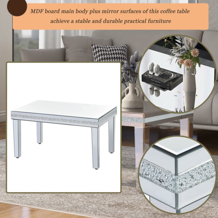 ONTREND Stylish modern glass mirrored coffee table with adjustable height silver legs - Image 5