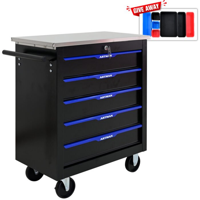 5 Drawers Multi Functional Tool Cart With Wheels, Black and Blue - Image 8