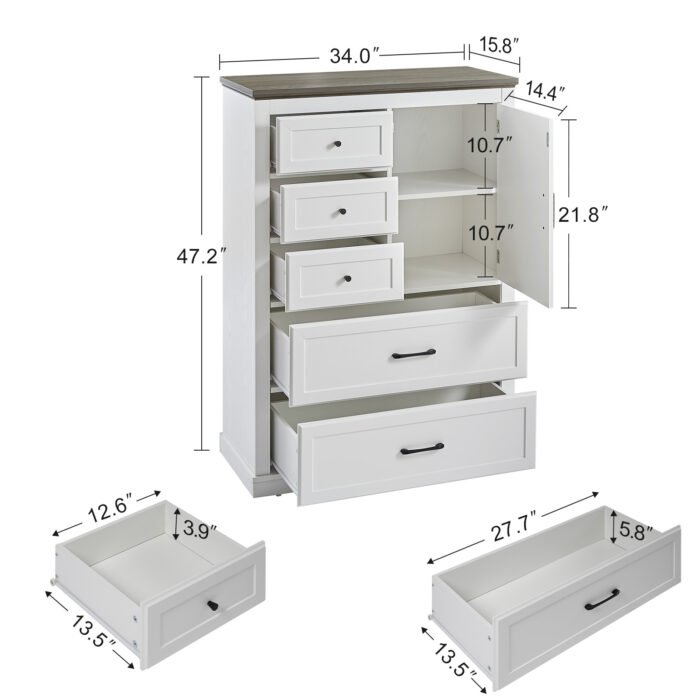Farmhouse wooden 5 drawer high drawer cabinet, White - Image 4