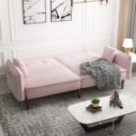 Convertible Sofa Bed with Wood Legs in Velvet (Pink) - Image 3