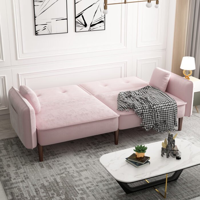 Convertible Sofa Bed with Wood Legs in Velvet (Pink) - Image 3