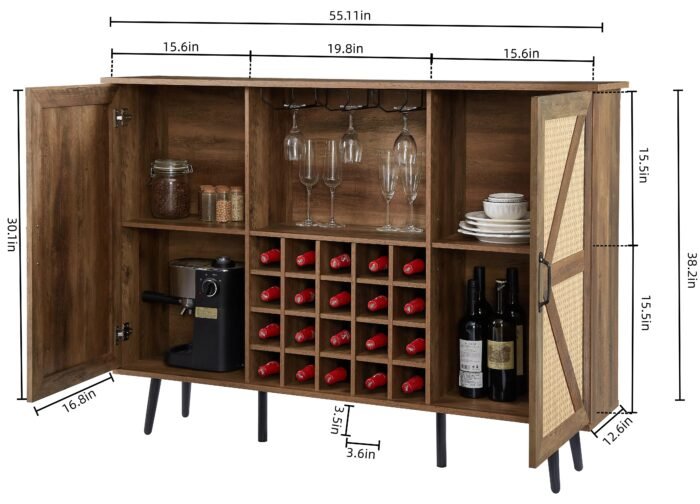 Faux Rattan Barn Door Wine Cabinet with Wine Glass Rack and Double Door Design - Image 4