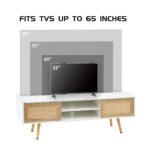 Rattan TV cabinet with double sliding doors and adjustable shelfs and solid wooden legs, White - Image 5