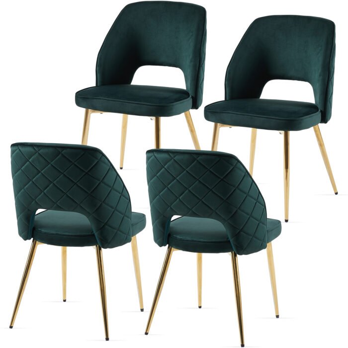 Dark Green Velvet Dining Chairs Set with Metal Legs and Hollow Back Upholstered (Set of 4) - Image 5