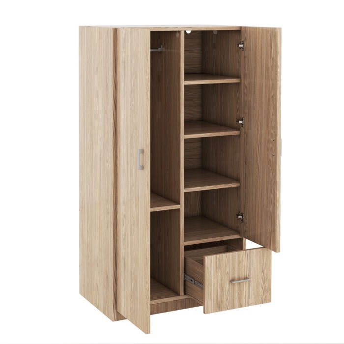 Wooden Wardrobe with Double Doors and Hanging Rod and 5 Fixed Shelves - Image 4