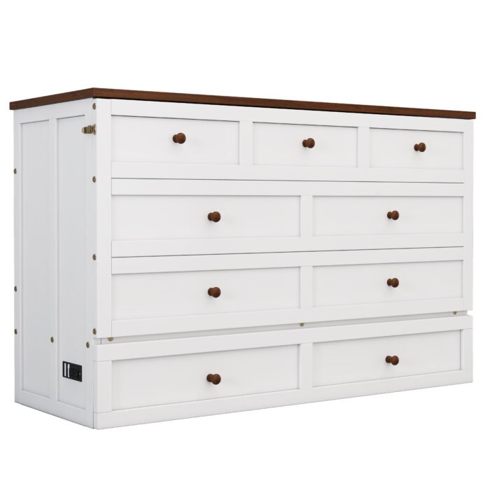 Solid Pine Queen Size Murphy Bed Chest with Charging Station and Large Storage Drawer - Image 11