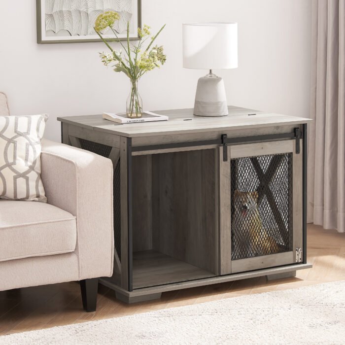 Dog Cage Crate Furniture with Sliding Barn Door Kennel with Flip-top Plate - Image 3