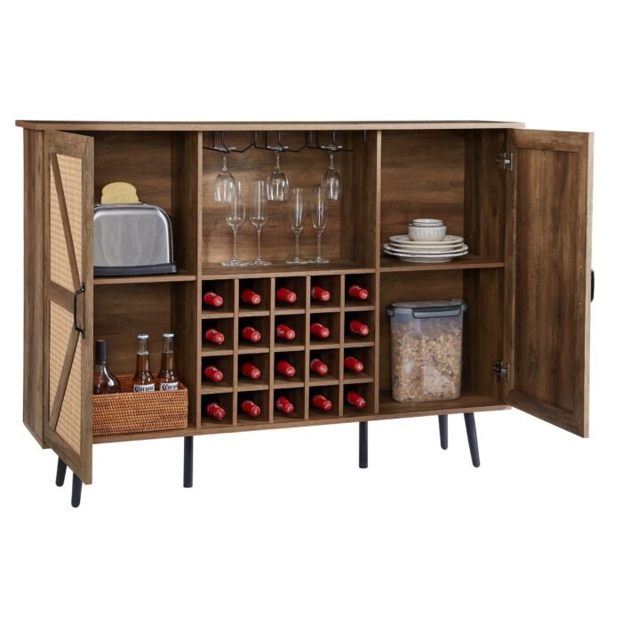 Faux Rattan Barn Door Wine Cabinet with Wine Glass Rack and Double Door Design - Image 11