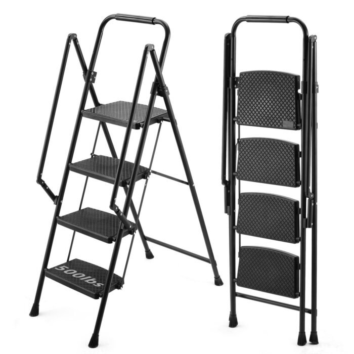 Four step lightweight folding ladder with wide anti slip pedal and safety handle - Image 2