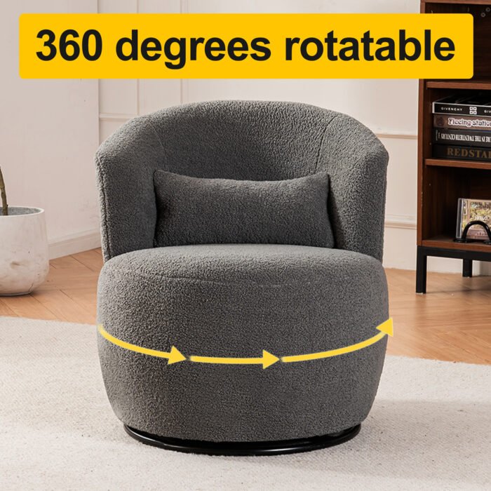 Gray Plush Swivel Accent Chair - Contemporary Round Armchair with 360° Rotation and Metal Base - Image 7