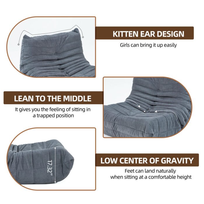 Floor Bean Bag Sofa with Memory Foam, Gray - Image 8