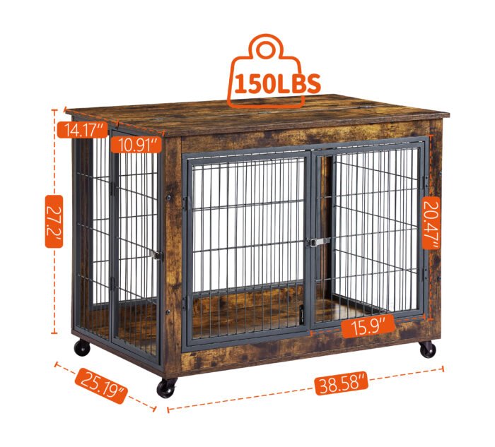 Furniture Dog Cage with Double Doors, Rustic Brown - Image 6