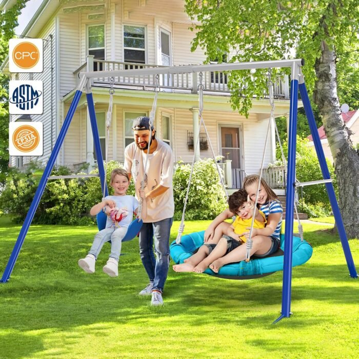 Kids Metal Swing Set for Backyard Outdoor Playground with Two Functional Swings - Image 3