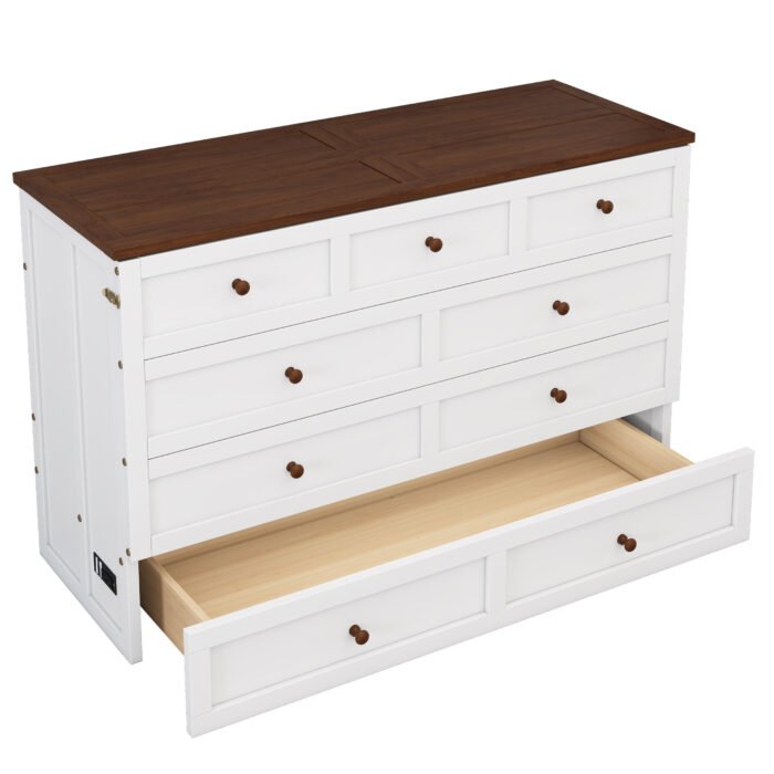 Solid Pine Queen Size Murphy Bed Chest with Charging Station and Large Storage Drawer - Image 14