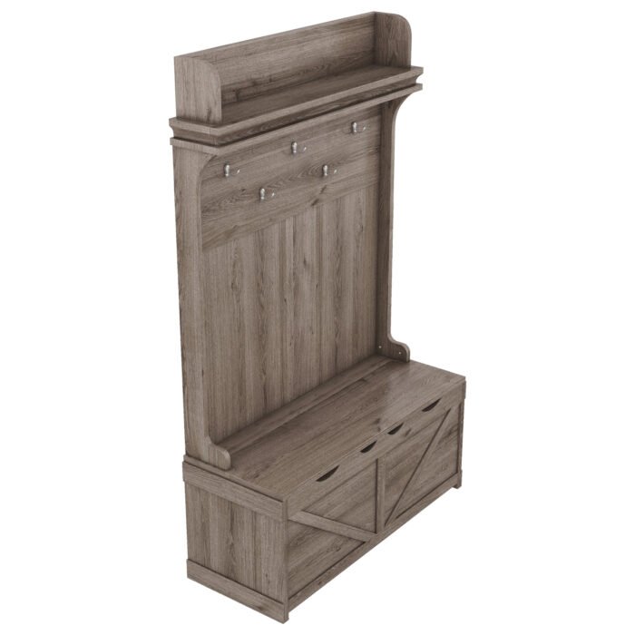 Hall tree with storage desk with drawers and 5 hooks, Oak - Image 8