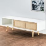 Rattan TV cabinet with double sliding doors and adjustable shelfs and solid wooden legs, White