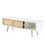 Rattan TV cabinet with double sliding doors and adjustable shelfs and solid wooden legs, White - Image 10