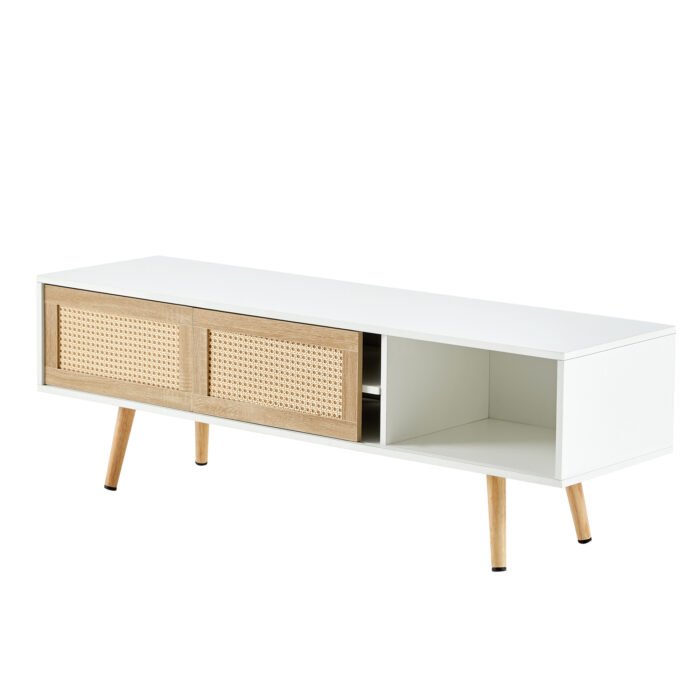 Rattan TV cabinet with double sliding doors and adjustable shelfs and solid wooden legs, White - Image 10