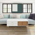 White Coffee Table with 2 Glass Door Storage and 4 Drawers and Gold Metal Legs