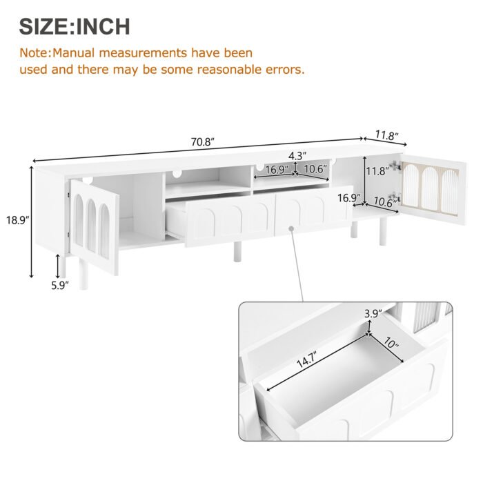 ON-TRANS TV stand with LED light strip and tempered glass door (up 80"), White - Image 21